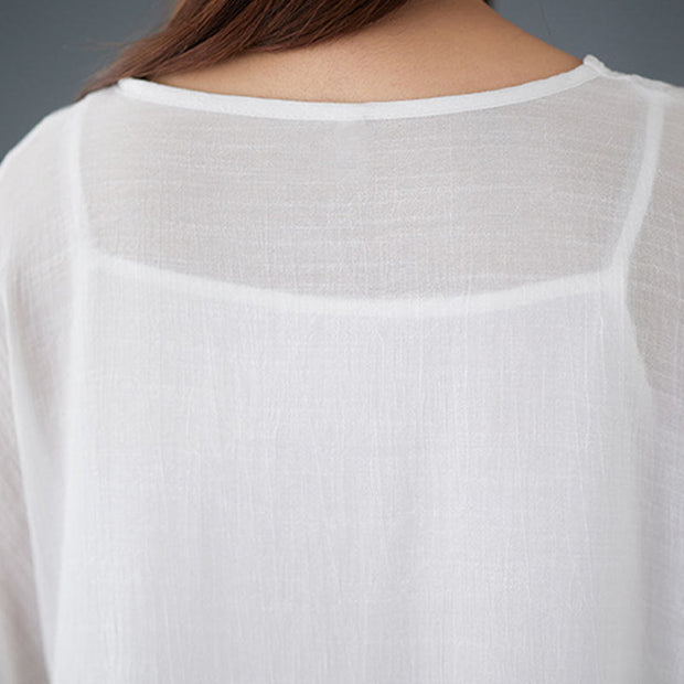 Buddha Stones Casual Vintage White 3pcs Plain Irregular Hem Design Sleeveless Top Wide Leg Pants With Pockets Capelet Meditation Zen Tai Chi Clothing Women's Set
