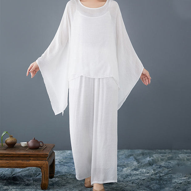 Buddha Stones Casual Vintage White 3pcs Plain Irregular Hem Design Sleeveless Top Wide Leg Pants With Pockets Capelet Meditation Zen Tai Chi Clothing Women's Set