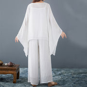 Buddha Stones Casual Vintage White 3pcs Plain Irregular Hem Design Sleeveless Top Wide Leg Pants With Pockets Capelet Meditation Zen Tai Chi Clothing Women's Set