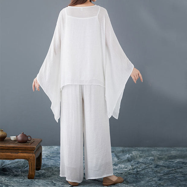 Buddha Stones Casual Vintage White 3pcs Plain Irregular Hem Design Sleeveless Top Wide Leg Pants With Pockets Capelet Meditation Zen Tai Chi Clothing Women's Set