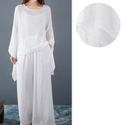 Buddha Stones Casual Vintage White 3pcs Plain Irregular Hem Design Sleeveless Top Wide Leg Pants With Pockets Capelet Meditation Zen Tai Chi Clothing Women's Set