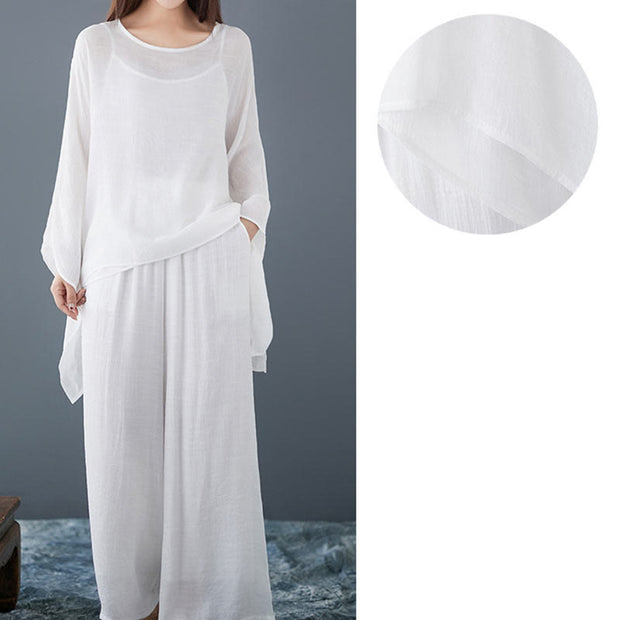Buddha Stones Casual Vintage White 3pcs Plain Irregular Hem Design Sleeveless Top Wide Leg Pants With Pockets Capelet Meditation Zen Tai Chi Clothing Women's Set