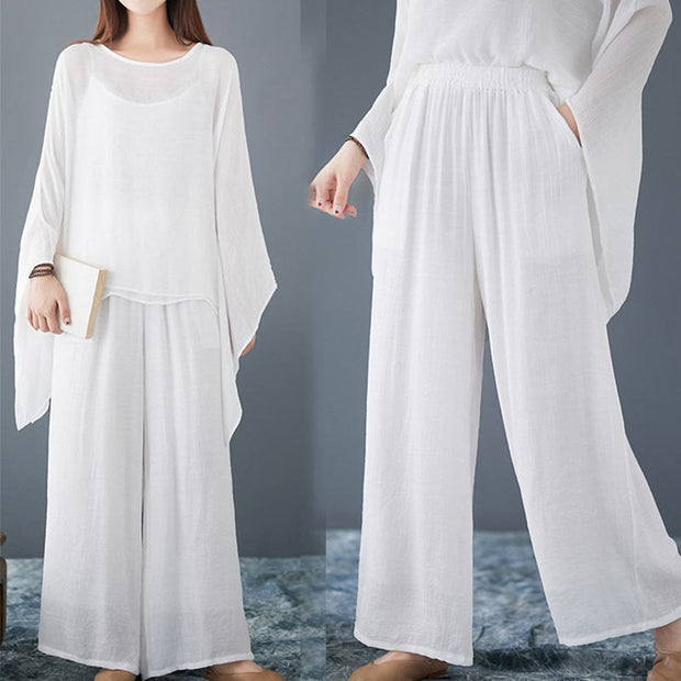 Buddha Stones Casual Vintage White 3pcs Plain Irregular Hem Design Sleeveless Top Wide Leg Pants With Pockets Capelet Meditation Zen Tai Chi Clothing Women's Set