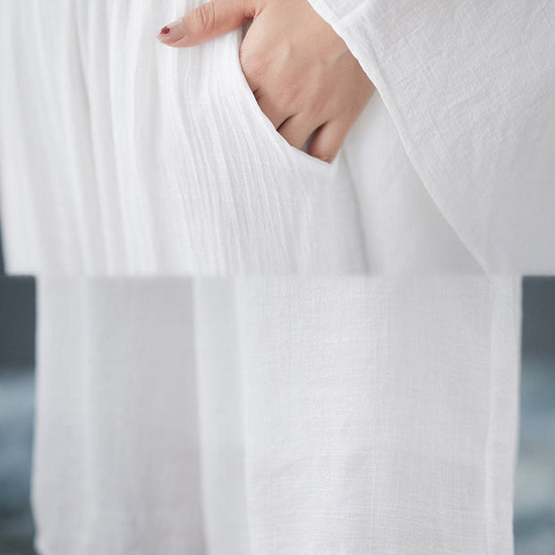 Buddha Stones Casual Vintage White 3pcs Plain Irregular Hem Design Sleeveless Top Wide Leg Pants With Pockets Capelet Meditation Zen Tai Chi Clothing Women's Set