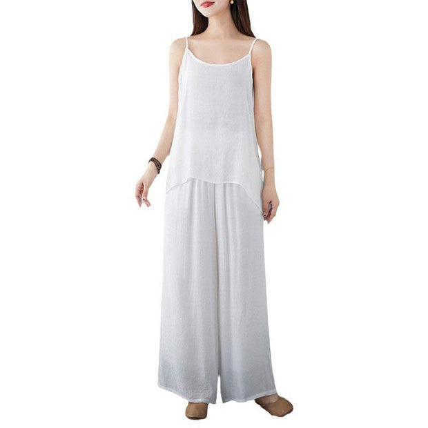 Buddha Stones Casual Vintage White 3pcs Plain Irregular Hem Design Sleeveless Top Wide Leg Pants With Pockets Capelet Meditation Zen Tai Chi Clothing Women's Set