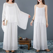 Buddha Stones Casual Vintage White 3pcs Plain Irregular Hem Design Sleeveless Top Wide Leg Pants With Pockets Capelet Meditation Zen Tai Chi Clothing Women's Set