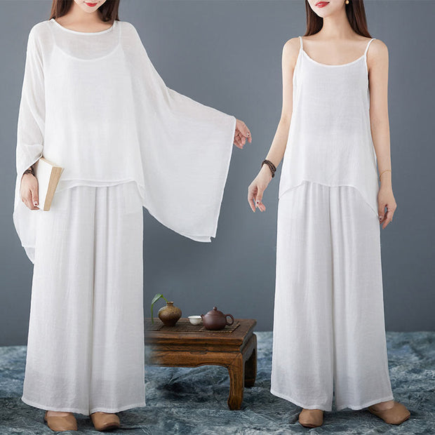 Buddha Stones Casual Vintage White 3pcs Plain Irregular Hem Design Sleeveless Top Wide Leg Pants With Pockets Capelet Meditation Zen Tai Chi Clothing Women's Set