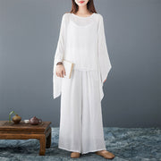 Buddha Stones Casual Vintage White 3pcs Plain Irregular Hem Design Sleeveless Top Wide Leg Pants With Pockets Capelet Meditation Zen Tai Chi Clothing Women's Set