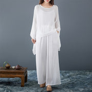 Buddha Stones Casual Vintage White 3pcs Plain Irregular Hem Design Sleeveless Top Wide Leg Pants With Pockets Capelet Meditation Zen Tai Chi Clothing Women's Set