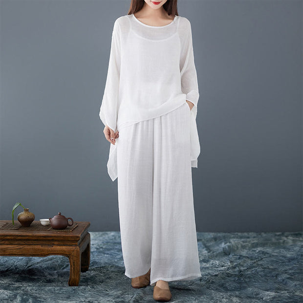 Buddha Stones Casual Vintage White 3pcs Plain Irregular Hem Design Sleeveless Top Wide Leg Pants With Pockets Capelet Meditation Zen Tai Chi Clothing Women's Set