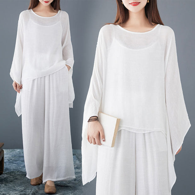 Buddha Stones Casual Vintage White 3pcs Plain Irregular Hem Design Sleeveless Top Wide Leg Pants With Pockets Capelet Meditation Zen Tai Chi Clothing Women's Set