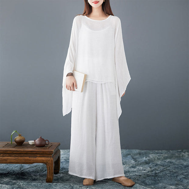 Buddha Stones Casual Vintage White 3pcs Plain Irregular Hem Design Sleeveless Top Wide Leg Pants With Pockets Capelet Meditation Zen Tai Chi Clothing Women's Set