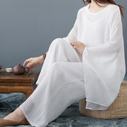 Buddha Stones Casual Vintage White 3pcs Plain Irregular Hem Design Sleeveless Top Wide Leg Pants With Pockets Capelet Meditation Zen Tai Chi Clothing Women's Set