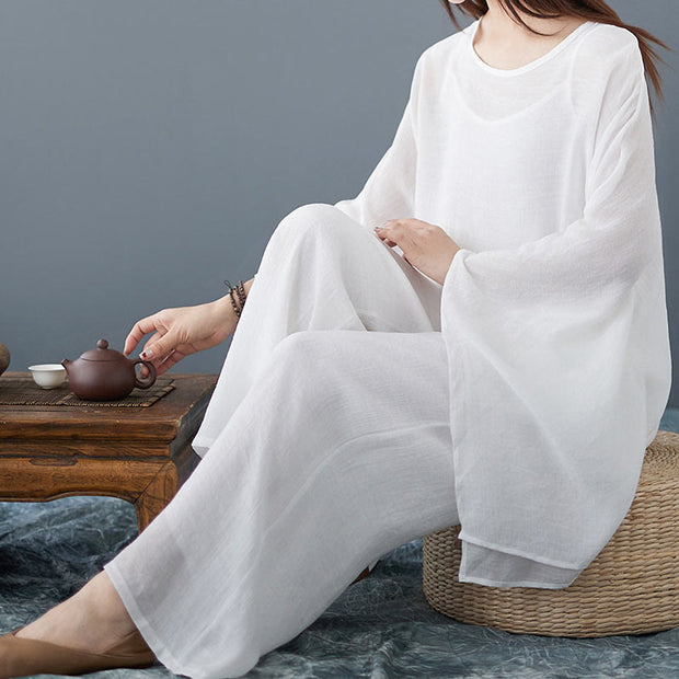 Buddha Stones Casual Vintage White 3pcs Plain Irregular Hem Design Sleeveless Top Wide Leg Pants With Pockets Capelet Meditation Zen Tai Chi Clothing Women's Set