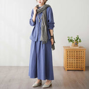 Buddha Stones Casual Vintage 2pcs Plain Printing Long Sleeve Shirt Top Skirt With Pockets Meditation Zen Tai Chi Clothing Women's Set