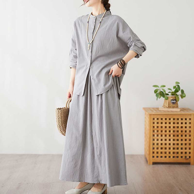 Buddha Stones Casual Vintage 2pcs Plain Printing Long Sleeve Shirt Top Skirt With Pockets Meditation Zen Tai Chi Clothing Women's Set