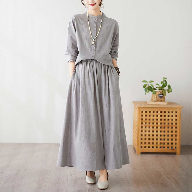 Buddha Stones Casual Vintage 2pcs Plain Printing Long Sleeve Shirt Top Skirt With Pockets Meditation Zen Tai Chi Clothing Women's Set
