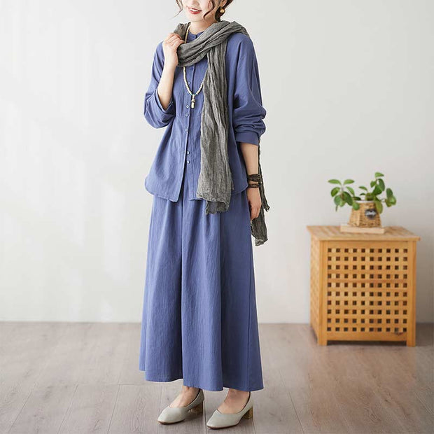 Buddha Stones Casual Vintage 2pcs Plain Printing Long Sleeve Shirt Top Skirt With Pockets Meditation Zen Tai Chi Clothing Women's Set