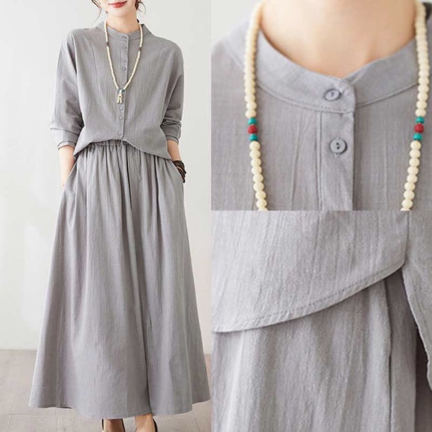 Buddha Stones Casual Vintage 2pcs Plain Printing Long Sleeve Shirt Top Skirt With Pockets Meditation Zen Tai Chi Clothing Women's Set