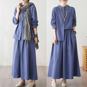 Buddha Stones Casual Vintage 2pcs Plain Printing Long Sleeve Shirt Top Skirt With Pockets Meditation Zen Tai Chi Clothing Women's Set