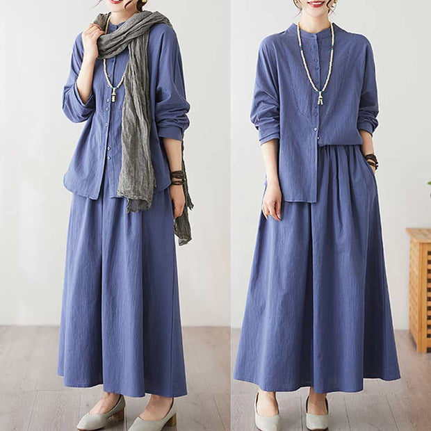 Buddha Stones Casual Vintage 2pcs Plain Printing Long Sleeve Shirt Top Skirt With Pockets Meditation Zen Tai Chi Clothing Women's Set