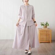 Buddha Stones Casual Vintage 2pcs Plain Printing Long Sleeve Shirt Top Skirt With Pockets Meditation Zen Tai Chi Clothing Women's Set