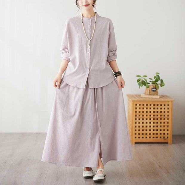 Buddha Stones Casual Vintage 2pcs Plain Printing Long Sleeve Shirt Top Skirt With Pockets Meditation Zen Tai Chi Clothing Women's Set