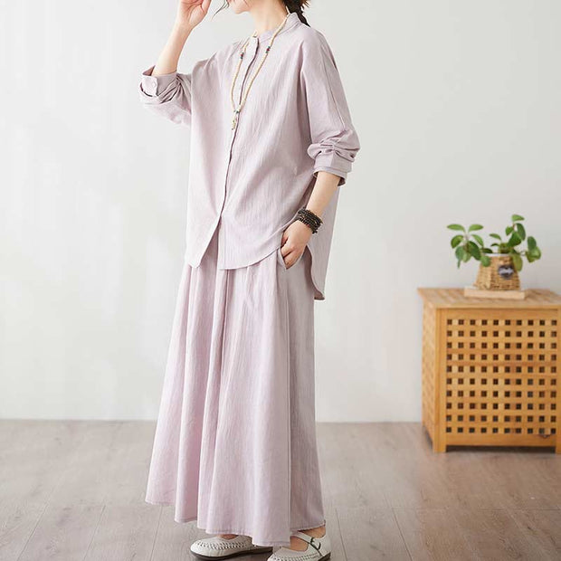 Buddha Stones Casual Vintage 2pcs Plain Printing Long Sleeve Shirt Top Skirt With Pockets Meditation Zen Tai Chi Clothing Women's Set