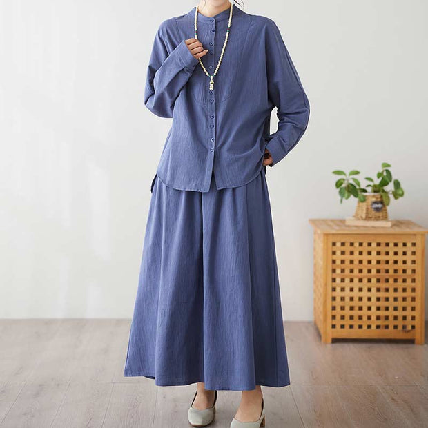 Buddha Stones Casual Vintage 2pcs Plain Printing Long Sleeve Shirt Top Skirt With Pockets Meditation Zen Tai Chi Clothing Women's Set