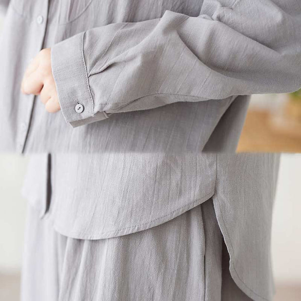 Buddha Stones Casual Vintage 2pcs Plain Printing Long Sleeve Shirt Top Skirt With Pockets Meditation Zen Tai Chi Clothing Women's Set