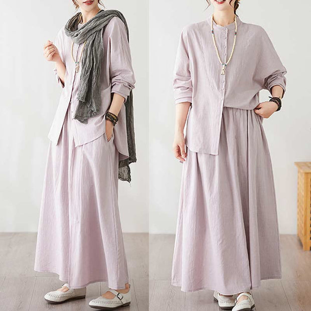 Buddha Stones Casual Vintage 2pcs Plain Printing Long Sleeve Shirt Top Skirt With Pockets Meditation Zen Tai Chi Clothing Women's Set
