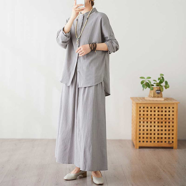 Buddha Stones Casual Vintage 2pcs Plain Printing Long Sleeve Shirt Top Skirt With Pockets Meditation Zen Tai Chi Clothing Women's Set
