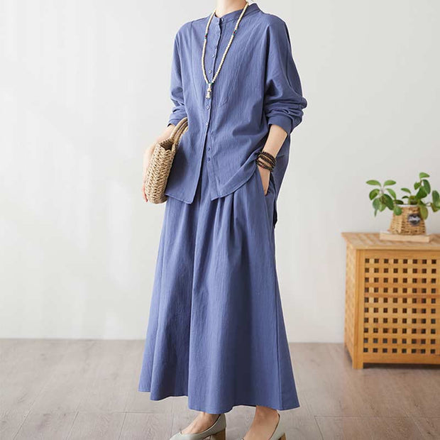 Buddha Stones Casual Vintage 2pcs Plain Printing Long Sleeve Shirt Top Skirt With Pockets Meditation Zen Tai Chi Clothing Women's Set