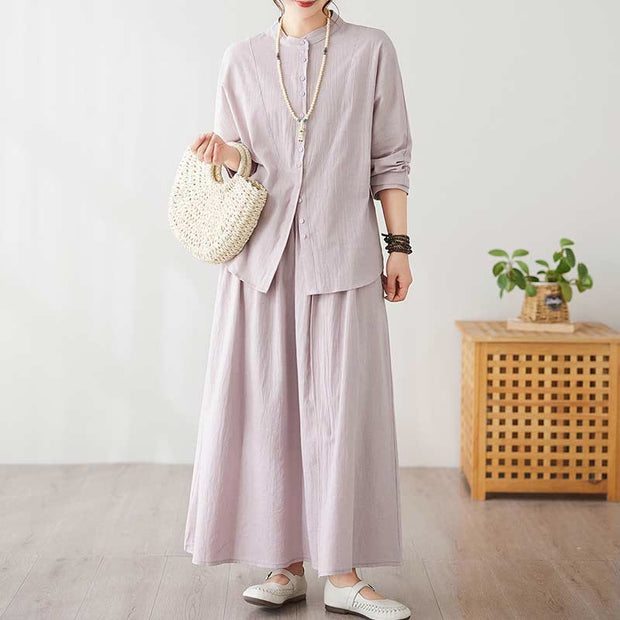 Buddha Stones Casual Vintage 2pcs Plain Printing Long Sleeve Shirt Top Skirt With Pockets Meditation Zen Tai Chi Clothing Women's Set