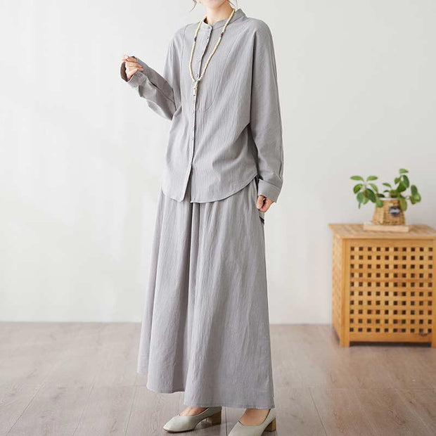Buddha Stones Casual Vintage 2pcs Plain Printing Long Sleeve Shirt Top Skirt With Pockets Meditation Zen Tai Chi Clothing Women's Set