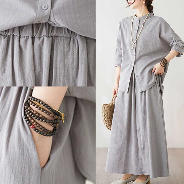Buddha Stones Casual Vintage 2pcs Plain Printing Long Sleeve Shirt Top Skirt With Pockets Meditation Zen Tai Chi Clothing Women's Set