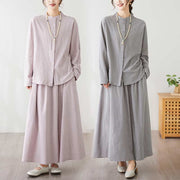 Buddha Stones Casual Vintage 2pcs Plain Printing Long Sleeve Shirt Top Skirt With Pockets Meditation Zen Tai Chi Clothing Women's Set