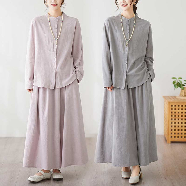 Buddha Stones Casual Vintage 2pcs Plain Printing Long Sleeve Shirt Top Skirt With Pockets Meditation Zen Tai Chi Clothing Women's Set