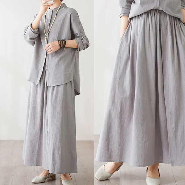 Buddha Stones Casual Vintage 2pcs Plain Printing Long Sleeve Shirt Top Skirt With Pockets Meditation Zen Tai Chi Clothing Women's Set