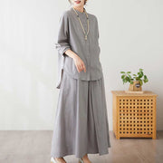Buddha Stones Casual Vintage 2pcs Plain Printing Long Sleeve Shirt Top Skirt With Pockets Meditation Zen Tai Chi Clothing Women's Set