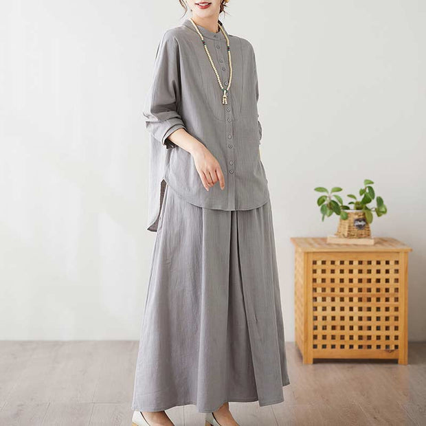 Buddha Stones Casual Vintage 2pcs Plain Printing Long Sleeve Shirt Top Skirt With Pockets Meditation Zen Tai Chi Clothing Women's Set