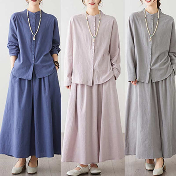 Buddha Stones Casual Vintage 2pcs Plain Printing Long Sleeve Shirt Top Skirt With Pockets Meditation Zen Tai Chi Clothing Women's Set