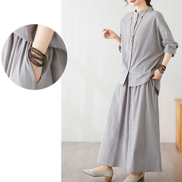 Buddha Stones Casual Vintage 2pcs Plain Printing Long Sleeve Shirt Top Skirt With Pockets Meditation Zen Tai Chi Clothing Women's Set
