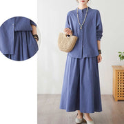 Buddha Stones Casual Vintage 2pcs Plain Printing Long Sleeve Shirt Top Skirt With Pockets Meditation Zen Tai Chi Clothing Women's Set