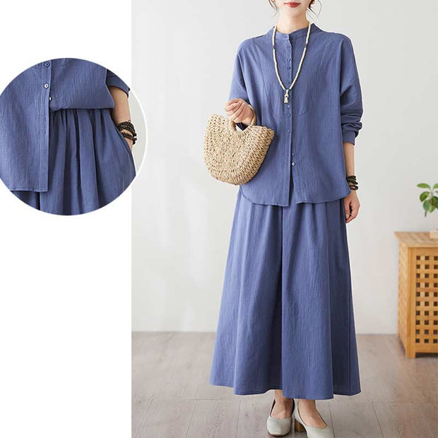 Buddha Stones Casual Vintage 2pcs Plain Printing Long Sleeve Shirt Top Skirt With Pockets Meditation Zen Tai Chi Clothing Women's Set