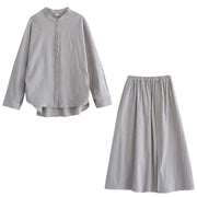 Buddha Stones Casual Vintage 2pcs Plain Printing Long Sleeve Shirt Top Skirt With Pockets Meditation Zen Tai Chi Clothing Women's Set