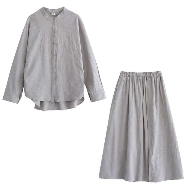 Buddha Stones Casual Vintage 2pcs Plain Printing Long Sleeve Shirt Top Skirt With Pockets Meditation Zen Tai Chi Clothing Women's Set
