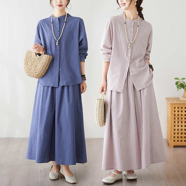 Buddha Stones Casual Vintage 2pcs Plain Printing Long Sleeve Shirt Top Skirt With Pockets Meditation Zen Tai Chi Clothing Women's Set