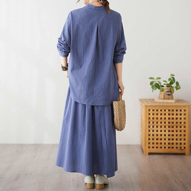 Buddha Stones Casual Vintage 2pcs Plain Printing Long Sleeve Shirt Top Skirt With Pockets Meditation Zen Tai Chi Clothing Women's Set