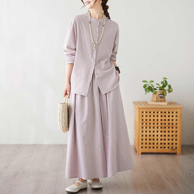 Buddha Stones Casual Vintage 2pcs Plain Printing Long Sleeve Shirt Top Skirt With Pockets Meditation Zen Tai Chi Clothing Women's Set